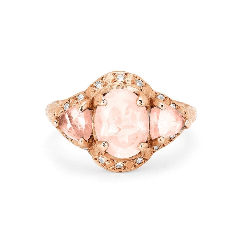Logan Hollowell triple goddess morganite ring 14k gold w diamonds
